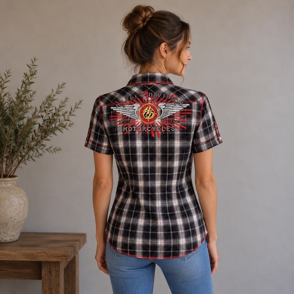 Harley Davidson Red Black Plaid Flannel Short Sleeve Pearl Snap Top Small